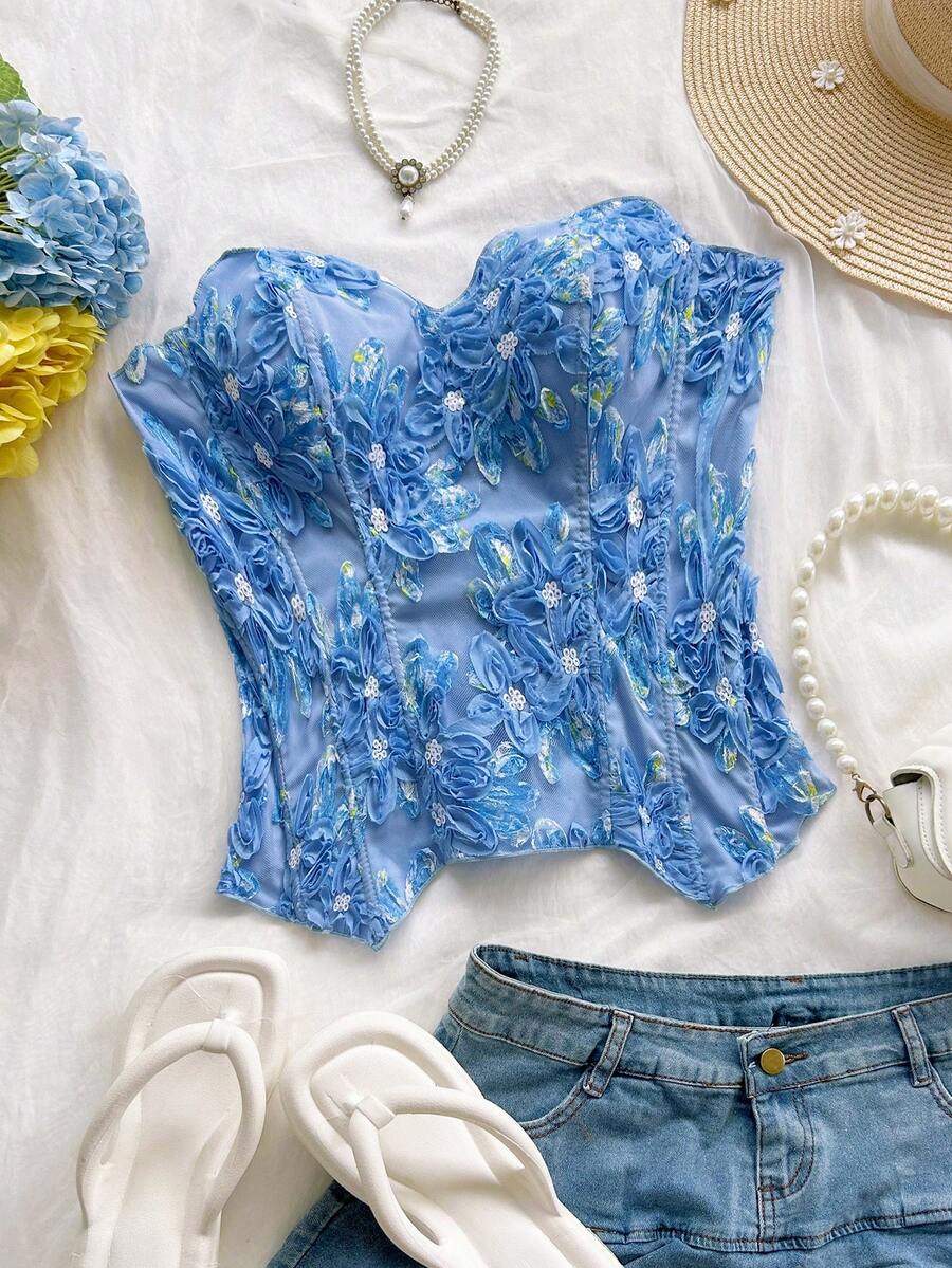 Soleia Women's Plus Size 3D Floral Decor Asymmetric Hem Bandeau Top - Baby Blue - View 1