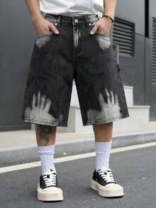 GALLERY FADE Denim Button Zipper Pocket Finger Pattern Shorts - Black - View 7
