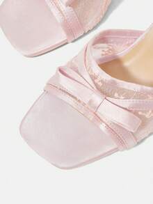 CUCCOO HITCHD Sandalias de tacón alto con punta cuadrada de satén rosa y encaje estilo francés suave, tacón de aguja con lazo, zapatos de tacón alto para mujer - Rosa - Ver 4