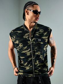 ROMWE MEN Street Life Men's Zipper Placket Letter Print Casual Camouflage Tank Top - Multicolor - View 1