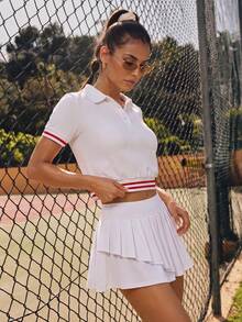 CourtClass CourtClass Kemeja Polo Olahraga Wanita Garis Merah dan Putih Warna Blok Model Pendek dengan Kancing Setengah Plaket untuk Tenis dan Musim Panas, Gaya Athleisure. - Putih - View 4