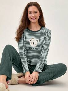 Loomlin 2pcs Cotton Contrast Colour Striped With Koala Embroidery Detail PJ Set - Green - View 6