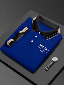 Calvornis 男士珠飾刺繡羅紋領短袖休閒 Polo 衫 - 寶藍色 - 查看 2