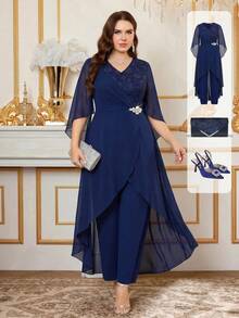Reflora New Plus Size Women's Fashion Elegant Casual Party Formal Lace Patchwork Wrap Waist Jumpsuit Autumn Navy Blue Wedding - Blue - View 9