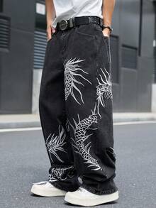 Manfinity EMRG 男士街頭風休閒刺繡黑色牛仔褲 - 黑色 - 查看 8