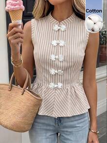 Serisse Women's Frog Button Design Green And White Striped Ruffle Hem Sleeveless Blouse Office Brunch Everyday Summer Elegant 60s 70s - Apricot - View 10