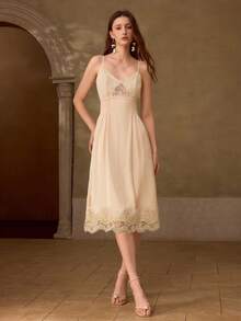 MOTF PREMIUM WOMEN'S SUMMER APRICOT COLOR CONTRAST LACE SEQUIN WAIST-CINCHING SPAGHETTI STRAP DRESS - Apricot - View 4