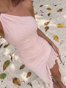Bonvoyette Women's Dusty Pink Knitted Mesh Sleeveless Dress,Metal Buckle High Slit Ruffle Hem,Elegant Wedding Cocktail Dinner Dress,Seductive Summer Outfits - Pink - View 6