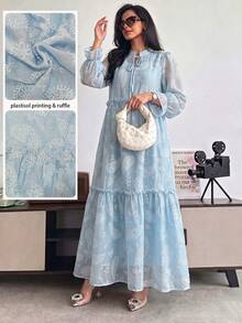 Al Najma Stand Collar Long Sleeve Embossed Jacquard Blue Color Block Dress - Blue - View 7