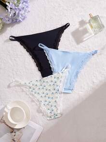 SHEIN 3件組蕾絲拼接花卉印花女款三角內褲 - 彩色 - 查看 2