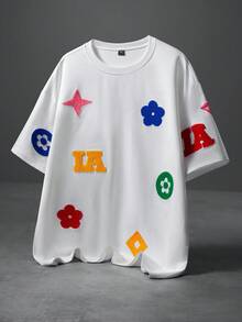 Manfinity Roghcode Men's Plus Size Letter Towel Embroidery Round Neck Short Sleeve Casual T-Shirt - White - View 1