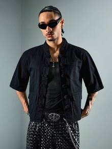 ROMWE MEN Street Life Men's Chinese Collar Denim Shirt - Black - View 6