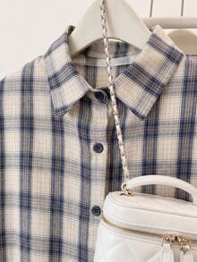 Comfortcana Women's Elegant Retro Vintage 70s Casual Plaid Print Contrast Cuff Button Down Shirt Autumn Layering Top School Teacher Elementary Navy Blue And White - Blue and White - View 3