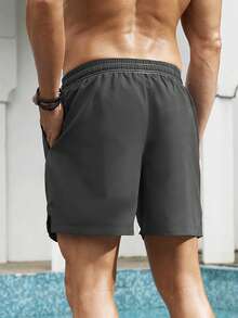 Manfinity KASUA Men's Plus Size Solid Color Drawstring Waist Beach Shorts, Casual Vacation - Dark Grey - View 2