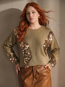 MOTF PREMIUM WOMEN'S PLUS FASHIONABLE AUTUMN/WINTER SEQUIN EMBROIDERED CREW NECK PULLOVER SWEATER - Khaki - View 8