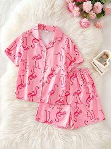 Girls' 2pcs Short Sleeve & Shorts Set, Pink Button-Up Cartoon Flamingo Print, Smooth Comfortable Minimalist Casual Loungewear For Summer - Pink - View 6
