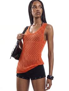 SHEIN Women's Solid Color Casual Versatile Daily Wear Knit Sleeveless Top - Orange - View 4