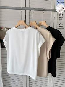 SHEIN LUNE 女款休閒夏季三件套上衣，通勤日常上學基本款短袖T恤上衣，白色米色黑色 - 彩色 - 查看 2