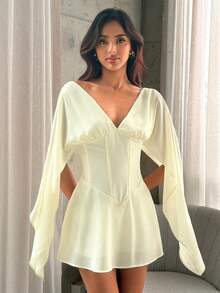 Aloruh Women's Deep V-Neck Cinched Waist Boning Umbrella Hem Mini Dress - Yellow - View 6