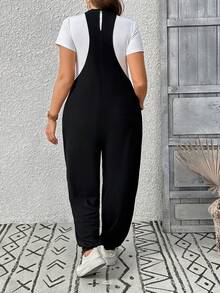 SHEIN CURVE+ Women's Plus Size Strappy Jumpsuit Suitable For City Commute Brunch Outfits Fall Vacation Funeral Black Casual Cargo Baggy Soft Form White - Black - View 2
