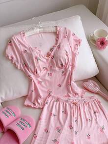 Comfortcana Conjunto de pijama casual y lindo con cuello de patrón de tulipán, empalmado y con volantes - Rosa - Ver 6