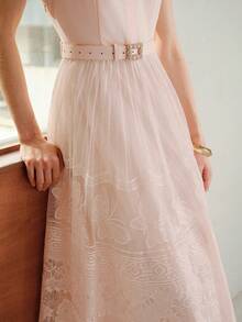 MOTF PREMIUM WOMEN'S CONTRAST LACE FLARE HEM BATWING SHORT SLEEVE BELTED DRESS - Pink - View 6