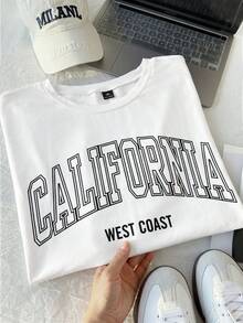 Comfortcana Plus Letter Graphic Drop Shoulder Tee California Plus Size T-Shirt Back-To-School Graduation Green Summer - White - View 3