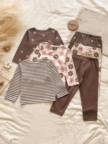 SHEIN Vintaside Kids Babygirl 嬰兒女童多件套裝 春秋款圓領長袖簡約休閒數位印花上衣搭配百搭休閒長褲套裝，適合日常穿著、公園散步、外出、露營、野餐、居家休閒 - 彩色 - 查看 3