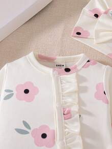 SHEIN 秋冬款新生兒蝴蝶結印花可愛嬰兒連身衣+帽子 - 白色 - 查看 6