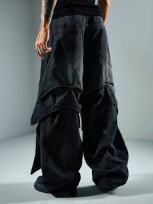 ROMWE MEN Street Life Men's Structural Asymmetric Button Pocket Loose Fit Jeans - Black - View 3