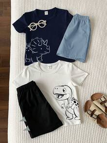 SHEIN 小男孩可愛卡通恐龍素描印花撞色簡約剪影4件套：圓領短袖T恤&短褲，休閒舒適百搭，柔軟面料，適合日常穿著、外出、戶外、假期、派對、夏季海灘度假，春/夏 - 彩色 - 查看 2