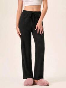 EURMUSE Women 100% Casual 2 Pcs Solid Grey And Black Rib Knit Sleep Lounge Pant Set - Multicolor - View 4