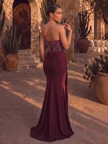Glamrae Women's Strapless Colorblock Pleated Elegant Formal Vow Waist-Cinching Evening Prom Party Dress Wedding Burgundy Summer - Red - View 3