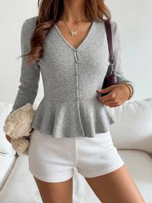 FRIFUL Women's Open Front V-Neck Ruffle Hem Patchwork Solid Color Sweet Casual T-Shirt - Grey - View 9