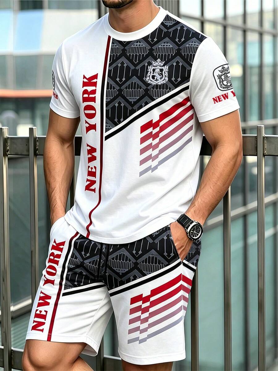 Lornexis 街頭賽車風 NEW YORK 字母徽章印花 T-shirt，男士拼色休閒短袖夏季日常穿著上衣 - 彩色 - 查看 1
