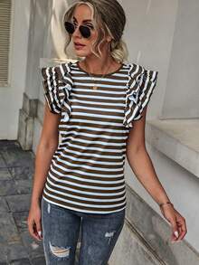Wandoria Women's Summer Casual Striped Round Neck Cap Sleeve Tee Graphic Tees Women Tops - Multicolor - View 3