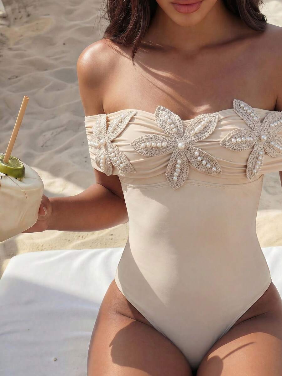 Bonvoyette 2026 New Women's Summer Beach Vacation Ruched Off-Shoulder Backless Sexy Floral & Pearl Embellished Solid Color One-Piece Swimsuit - Apricot - View 1