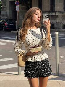 SHEIN MOD Blusa de moda para mujer con decoración de lazo de color contrastante, mangas acampanadas y cintura ceñida, verano, vacaciones, retro, vintage, campo, salir, maestra, cita, picnic, linda, vacaciones de primavera, - Albaricoque - Ver 6