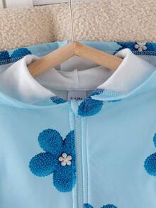 SHEIN Vintaside Kids 女嬰休閒純色保暖內裡連帽拉鍊外套，藍色花卉印花長袖連帽外套，適合秋冬/初秋，熱銷女嬰休閒日常百搭外套 - 藍色 - 查看 8