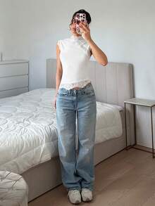 SHEIN EZwear 女款蕾絲拼接修身百搭日常穿搭上衣 - 彩色 - 查看 5