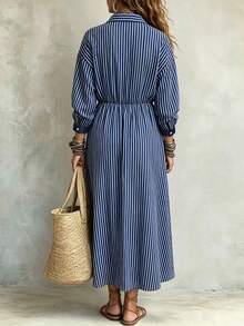 Linhara CURVE Plus Size Woven Striped Elegant Autumn Long Dress - Blue - View 2