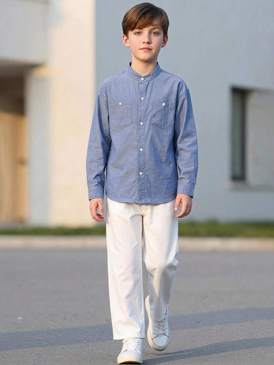 SHEIN Little Byeori 2件組兒童青少年男孩休閒學院風淺藍色長袖襯衫與鬆緊腰長褲套裝，適合生日派對、電音派對、晚宴、表演、婚禮、通勤、學校、日常休閒外出、運動，春夏開學季適用