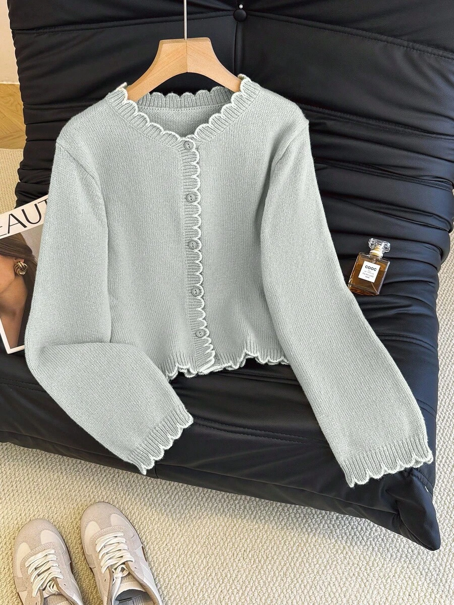 SHEIN Franclia 女款對比飾邊休閒百搭日常穿搭開襟衫 - 灰色 - 查看 1