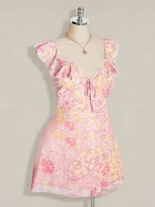 SHEIN ICON Vestido de mujer talla grande con estampado floral, patchwork, volantes en el bajo y lazo delantero - Rosa - Ver 3