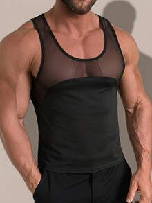 FeverCity Men's Solid Color Contrast Mesh Crew Neck Casual Tank Top - Black - View 1