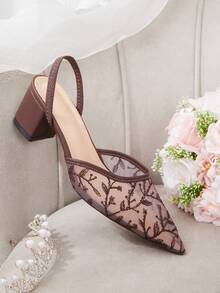 CUCCOO HITCHD New Chinese Style Brown High-Heeled Mullers, Pointed Lace Embroidered Convertible Sandals, Women's Summer Shoes - Brown - View 2