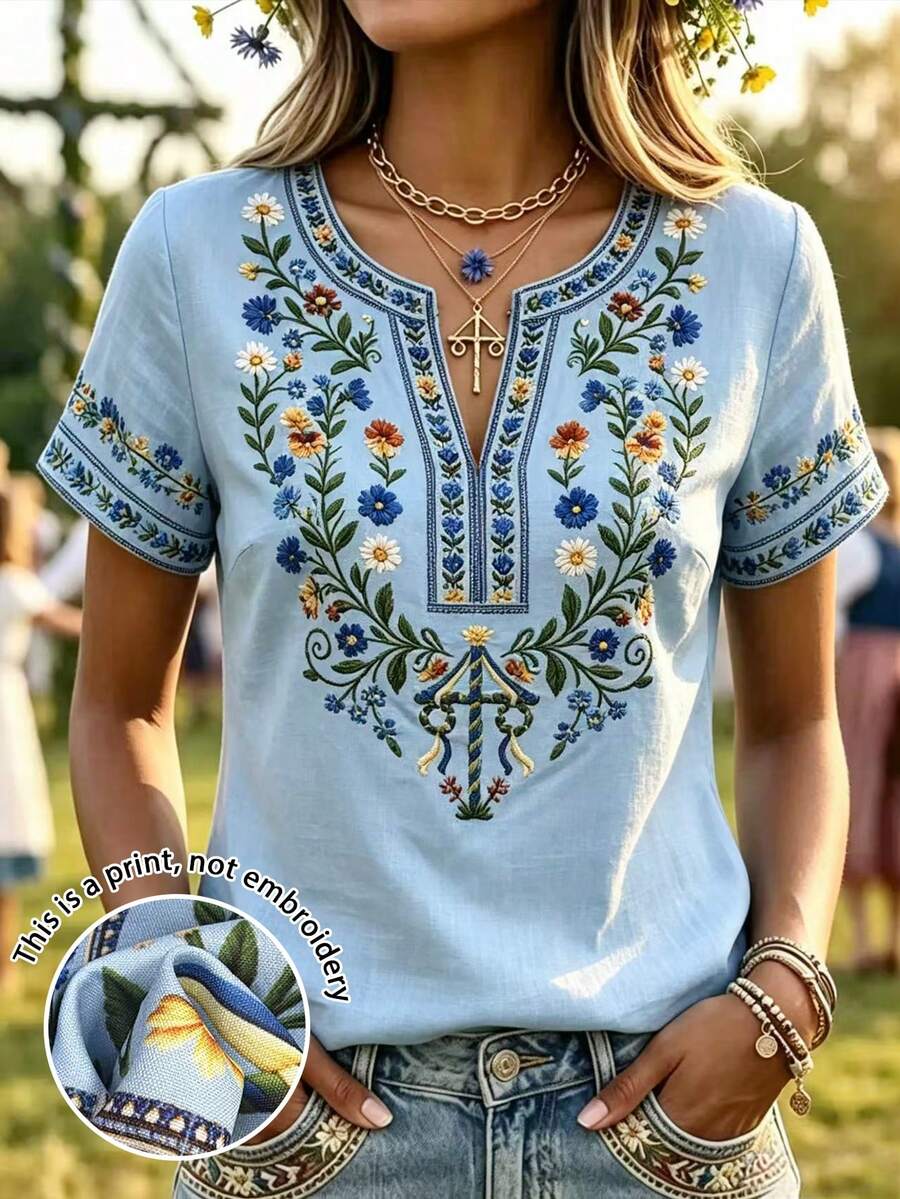 Selamara Women's V-Neck Floral Embroidered Pattern Casual Versatile Daily Wear Top - Blue - View 1