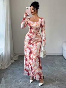 Elenzga 秋季新款法式油画风优雅淑女优雅时尚高端设计不对称金属扣方领修身A字褶皱遮肚露肩日常穿长袖连衣裙秋冬 - 彩色 - 查看 7