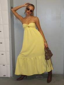 Brooke Lily Gaun Panjang Tanpa Tali Gaya Bohemian, Warna Kuning Bunga Matahari, Musim Semi/Panas, Gaun Kuning Mentega untuk Pesta Elegan - Kuning - View 2