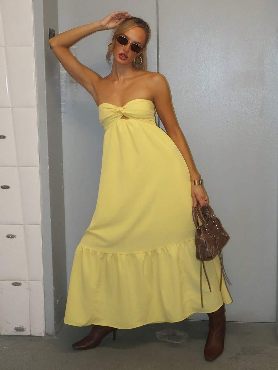 Brooke Lily Gaun Panjang Tanpa Tali Gaya Bohemian, Warna Kuning Bunga Matahari, Musim Semi/Panas, Gaun Kuning Mentega untuk Pesta Elegan